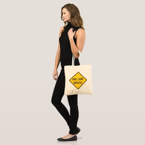 One Lane Bridge Road Sign Yellow Tote Bag