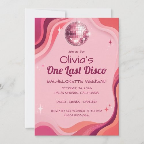 One Last Disco Retro Pink Bachelorette Weekend Invitation