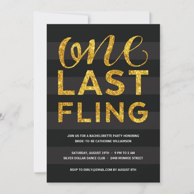 One Last Fling | Glitter-Look Bachelorette Party Invitation (Front)