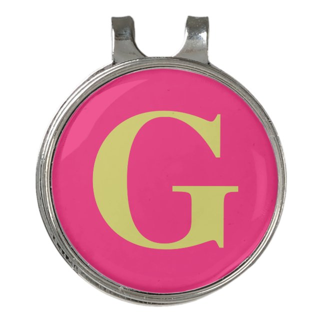 One Letter Monogram Fuchsia and Yellow Golf Hat Clip (Front)