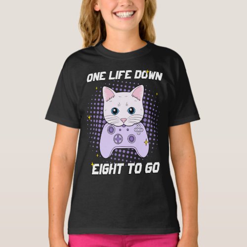 One Life Down Gamer White Purple Cartoon Cat T_Shirt