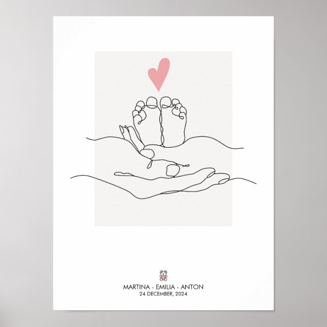 One Line Baby Feet Birth Stats Nursery Art Poster (Front)
