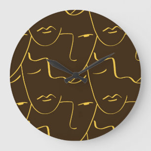 One Line Drawing Faces Pattern Large Clock