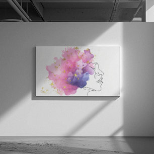 One line girls faceart pink blue clouds with gold  canvas print