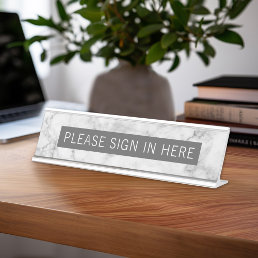 One Line of Text - Gray White Marble Desk Name Plate