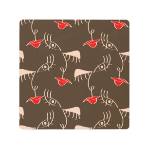 One-line woman face: abstract pattern. metal print