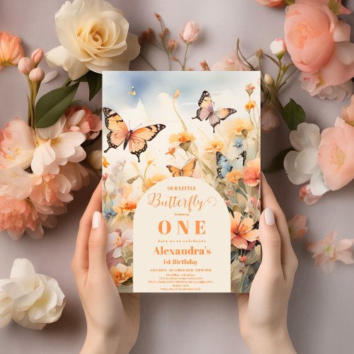 One Little Butterfly Floral 1st Birthday Invitation