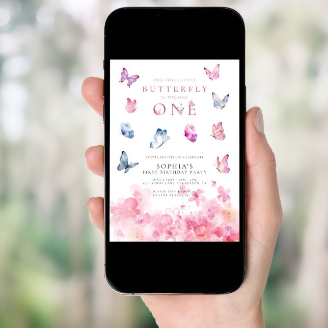 One Little Butterfly Pink Floral 1st Birthday Invitation (Front Digital)