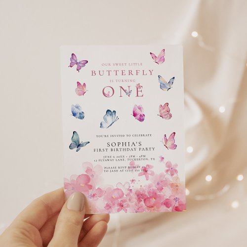 One Little Butterfly Pink Floral 1st Birthday Invitation