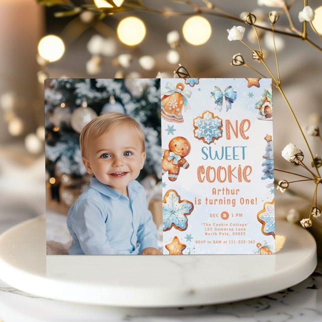 One little Cookie Boy Christmas 1st birthday photo Invitation (Creator Uploaded)