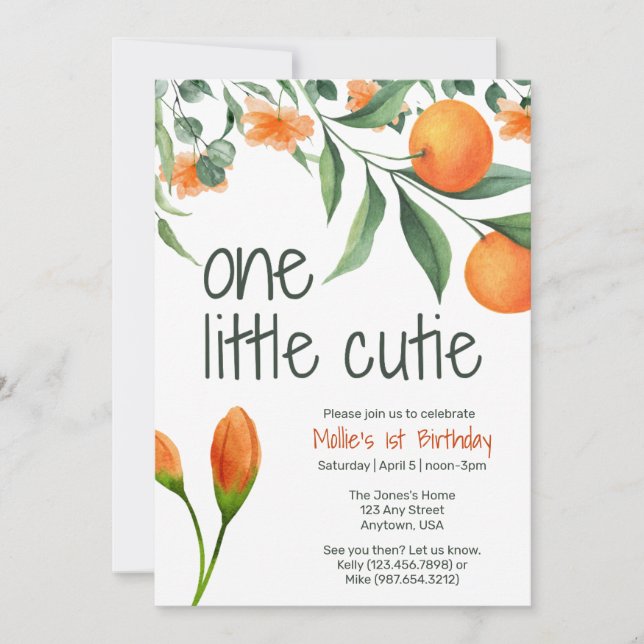 One Little Cutie First Birthday Invitation (Front)
