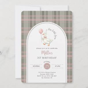 One Little Goose Pink Bow Gingham 1st Birthday Invitation