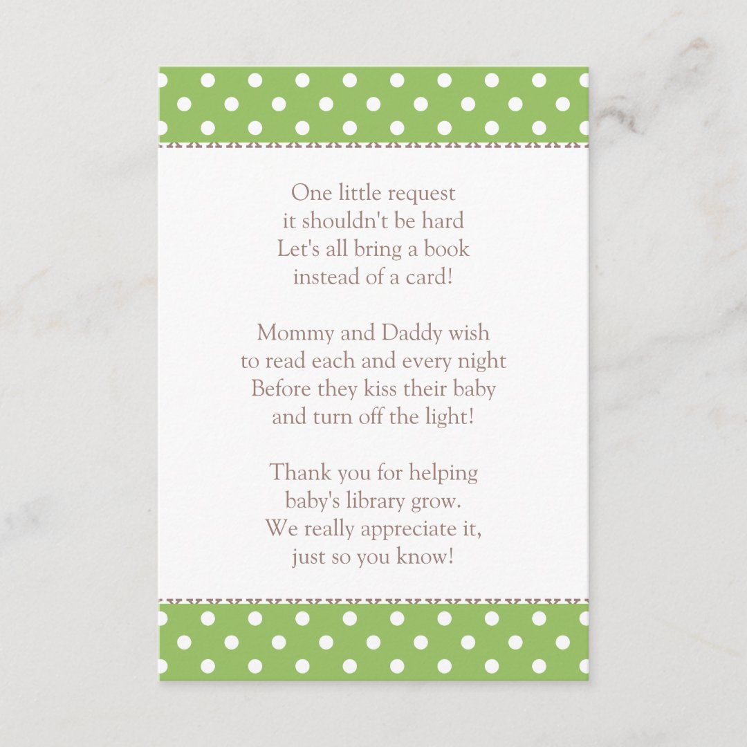 One Little Request Green Baby Shower Book Enclosure Card | Zazzle