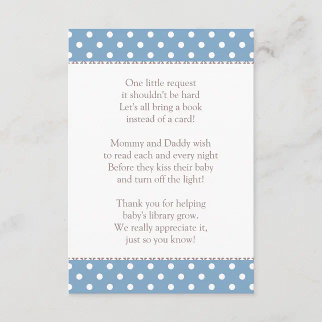 One Little Request Slate Blue Baby Shower Book Enclosure Card | Zazzle