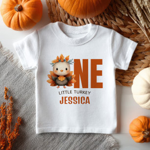 One Little Turkey Thanksgiving 1st Birthday Name  Baby T-Shirt
