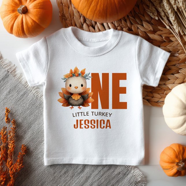 One Little Turkey Thanksgiving 1st Birthday Name  Baby T-Shirt (Creator Uploaded)