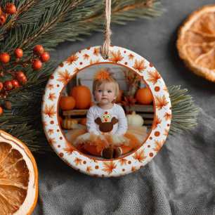 One Little Turkey Thanksgiving 1st Birthday Photo Ceramic Ornament