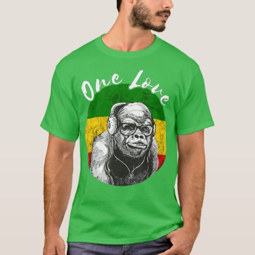 One Love Gorilla Rasta Reggae Music Headphones Mon T_Shirt