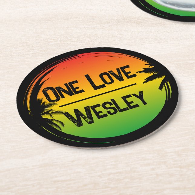 One Love Jamaican Rasta Tropical Palms Round Paper Coaster (Angled)