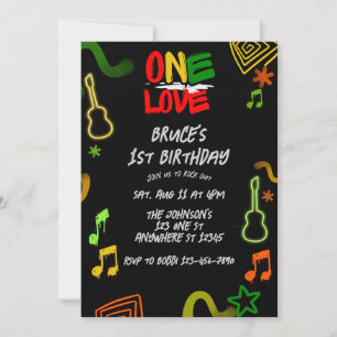 One Love Music Black Red Gold Green 1st Birthday Invitation