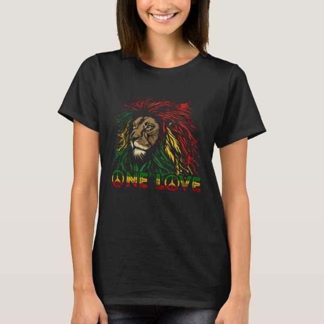 One Love Rasta Reggae Lion Of Judah Pride Rastafar T-Shirt (Front)
