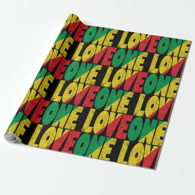 One Love Rasta Reggae Typographic Pattern Wrapping Paper (Unrolled)