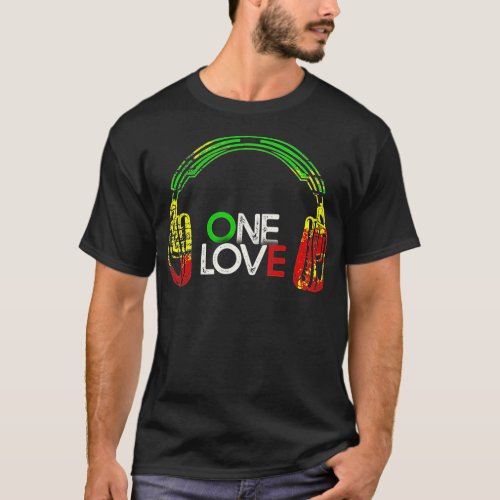 One Love  Rastafarian Headphones  Reggae  Jamaican T_Shirt