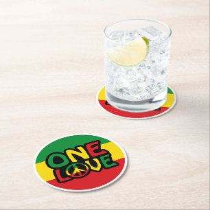 One Love, Reggae design with reggae colors Round Paper Coaster