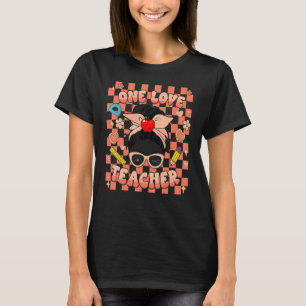 One Love Teacher Groovy Valentine Checkered Retro  T-Shirt