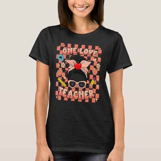 One Love Teacher Groovy Valentine Checkered Retro  T-Shirt (Front)