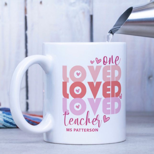 One Love Teacher Pink Modern Personalized Name Coffee Mug (Creator Uploaded)