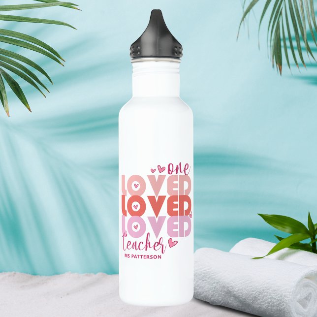 One Love Teacher Pink Modern Personalized Name Stainless Steel Water Bottle (Creator Uploaded)