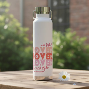One Love Teacher Pink Modern Personalized Name Water Bottle