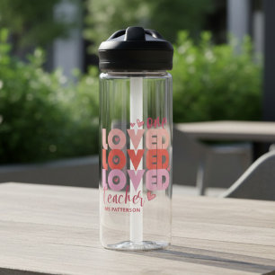 One Love Teacher Pink Modern Personalized Name Water Bottle