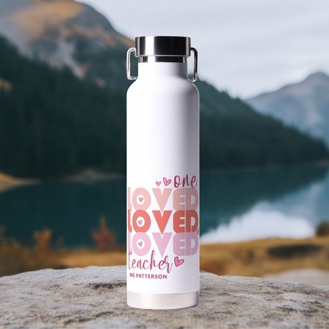One Love Teacher Pink Modern Personalized Name Water Bottle (Creator Uploaded)