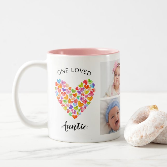 One Loved Auntie Four Photo Collage Two-Tone Coffee Mug (With Donut)