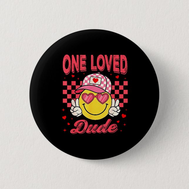 One Loved Dude Checkered Heart Valentines Day Boys Button (Front)