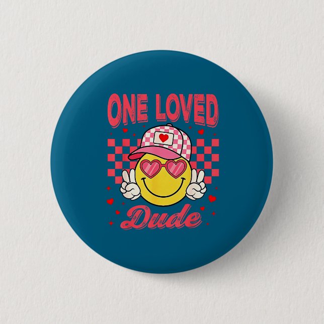 One Loved Dude Checkered Heart Valentines Day Boys Button (Front)