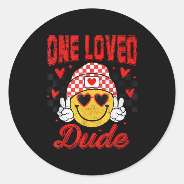 One Loved Dude Checkered Heart Valentines Day Boys Classic Round Sticker (Front)