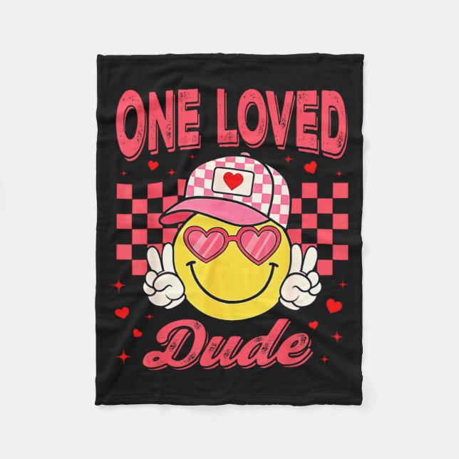 One Loved Dude Checkered Heart Valentines Day Boys Fleece Blanket (Front)