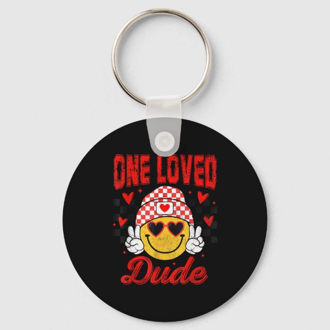 One Loved Dude Checkered Heart Valentines Day Boys Keychain (Front)