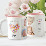 One Loved Gigi Four Photo Collage  Two-Tone Coffee Mug<br><div class="desc">One loved Gigi 4 photo design with a fun multi colored watercolor hearts.  Personalize the side of our cute design with grandchildren names.   Visit our shop to view this mug in a large assortment of grandmother names.</div>