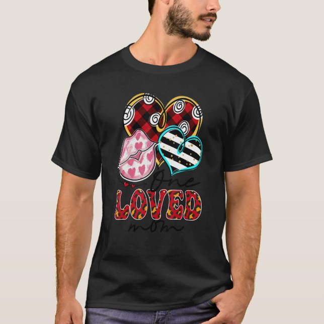 One Loved Mom Kissing Red Plaid Heart Valentine's  T-Shirt (Front)