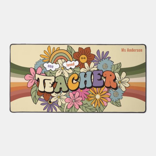 One Loved Teacher Retro Groovy Floral Personalized Desk Mat