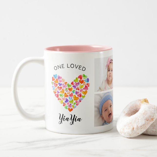 One Loved YiaYia Four Photo Collage Two-Tone Coffee Mug (With Donut)