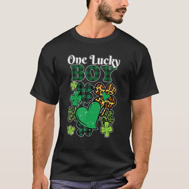 One Lucky Boy Plaid Shamrock Heart St Patrick Day T-Shirt (Front)