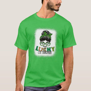 One Lucky CTE Teacher Bleached Messy Bun St Patric T-Shirt