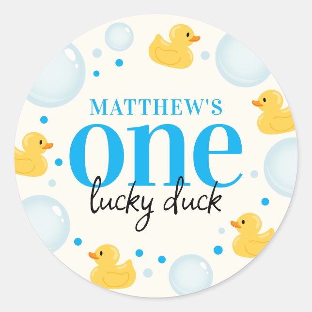 One Lucky Duck 1st Birthday Favor Classic Round Sticker (Front)