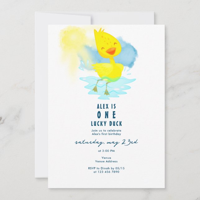 ONE Lucky Duck 1st Birthday Party Cute Watercolor Invitation (Front)