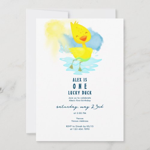 ONE Lucky Duck 1st Birthday Party Cute Watercolor Invitation